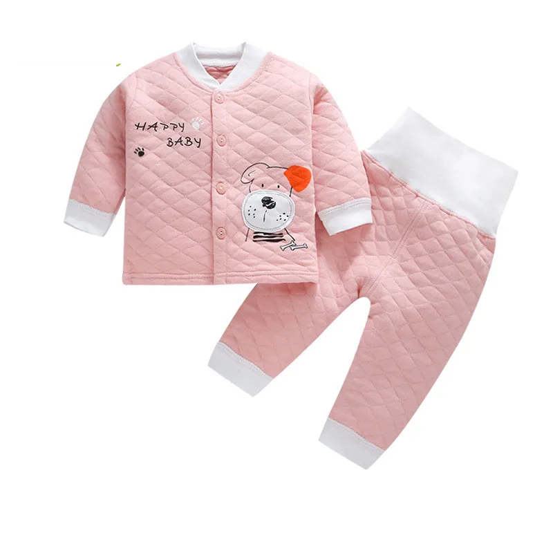 9611 pink Детская теплая плотная одежда на осень и зиму, комплект из 2 предметов из хлопка для маленьких мальчиков и девочек, длинная нижняя рубашка+ штаны с высокой талией, комплект для детей 3-24 месяцев - Цвет: 9611 pink