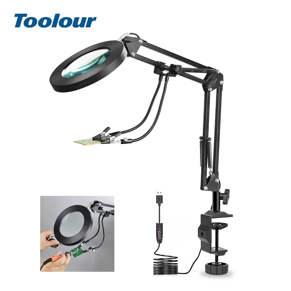 

Toolour Soldering Helping Hand 2PC Flexible Arms Stand With 5X Magnifier USB Lamp for Welding Repair IlluminationThird Hand Tool