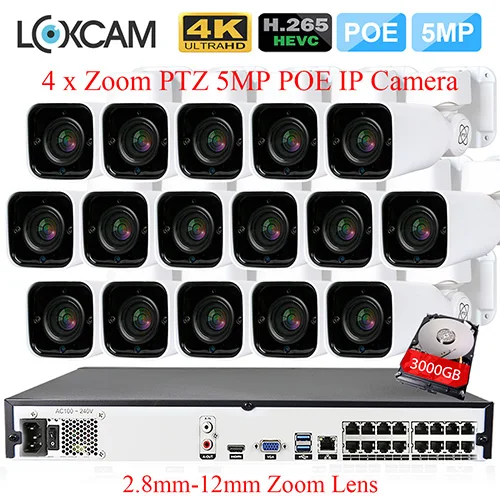 16CH NVR x 16 Camera Loxcam H.265+ PTZ 5MP CCTV Камера Системы 16CH POE NVR Kit 5MP 5xzoom ip-камера видеонаблюдения с поддержкой Wi Камера 2,8-12 мм зум системах видеонаблюдения, 4 штуки/набор ТБ - Цвет: 16CH NVR x 16 Camera