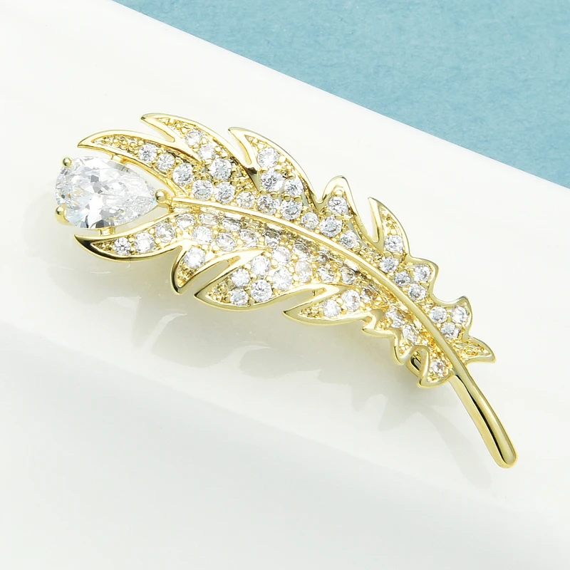 

Wuli&baby Cubic Zirconia Feather Brooches For Women Unisex Small Feather Collar Pins Gifts