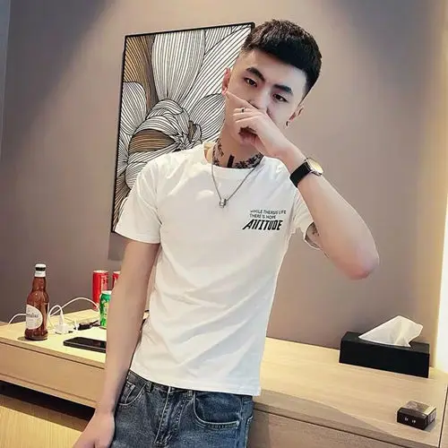 

Short sleeve T-shirt men's tide brand trend social spirit guy round neck Joker T-shirt net red with Korean youth clothes