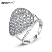 luoteemi white gold color round hollowed resizable ring for women party micro cubic zircon open ring fashion jewelry bijoux