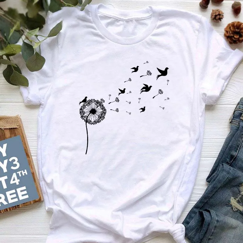 

Модная футболка с принтом одуванчика, Женская Новая повседневная забавная футболка в стиле Харадзюку для женщин и девушек, топ с коротким р...