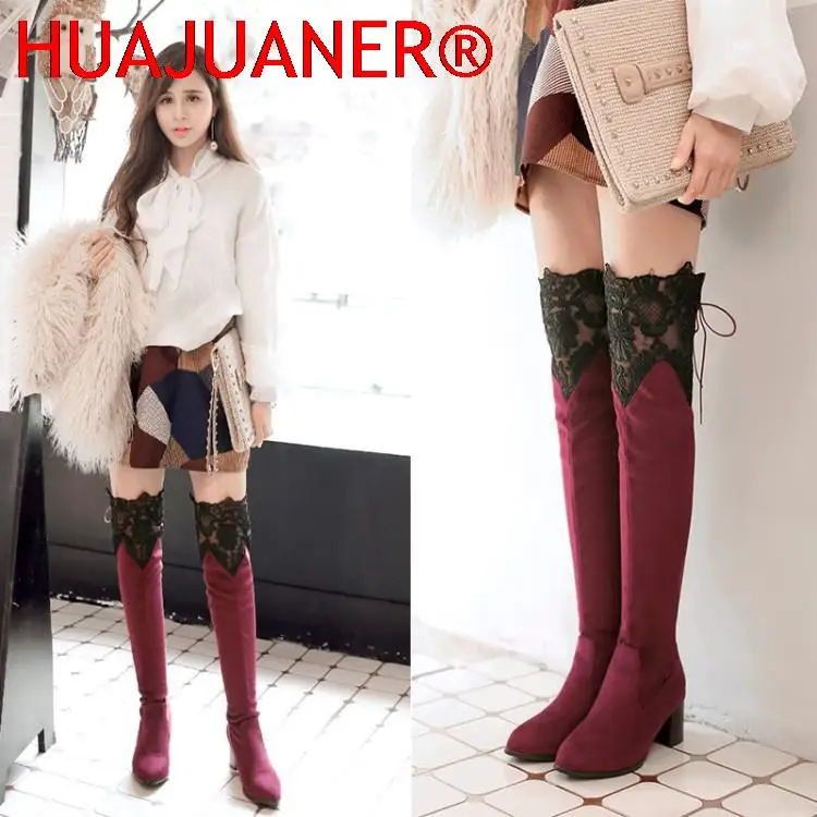 

2022 Stretch Fabric Women Over The Knee Boots Pointed Toe Footwear High Heels Sexy Female Party Boot Lace Shoes Woman Winter