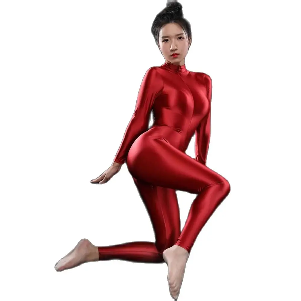 

Sexy Shiny Long Sleeve Zipper Open Crotch Bodysuit Bodycon Jumpsuit Tights Body Sculpting Bodystocking Catsuit Teddies Leotard