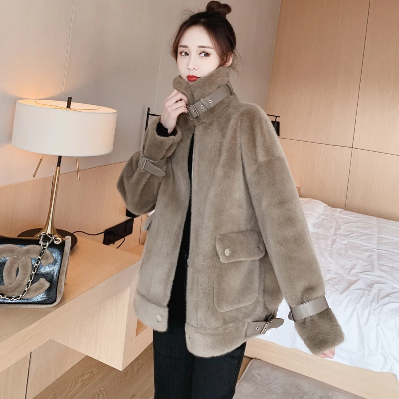 

Mink 2021 Autumn Winter Imitation Fur Coat Female Thick Warm Casual Streetwear Solid Overcoat Plush Jacket Outwear Women Clothes