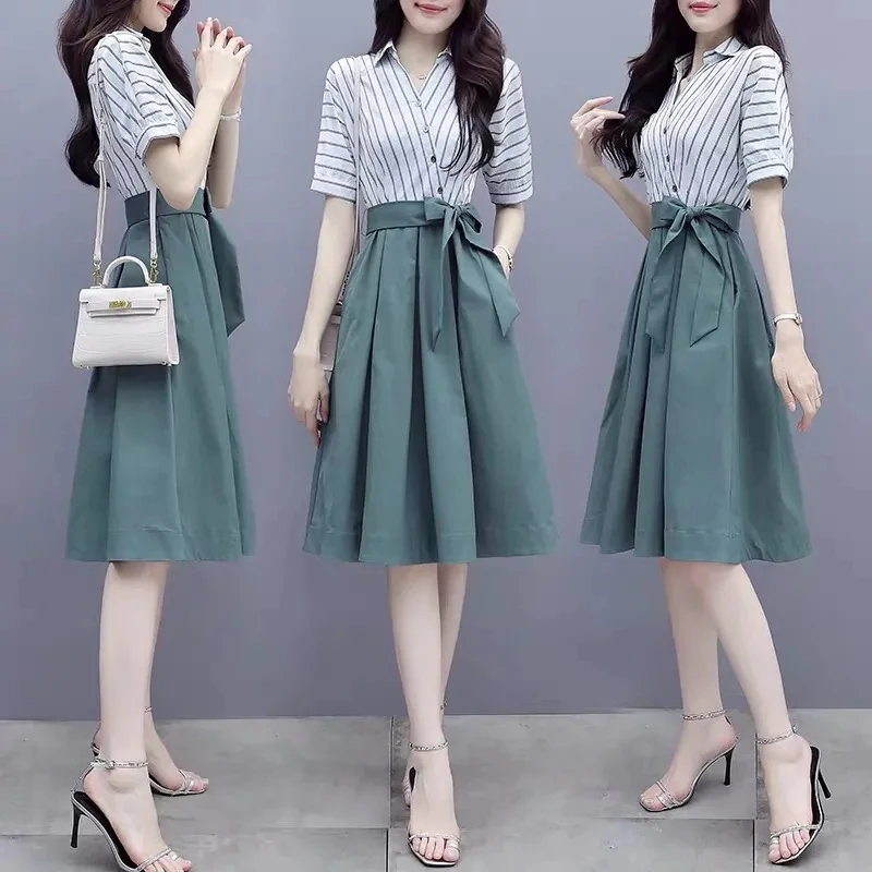 

2021 New Women's Spring Summer Shirt Dress High Waist Sashes Elegant Party Dress Striped Patchwork A-line Sweet Vestido W2335