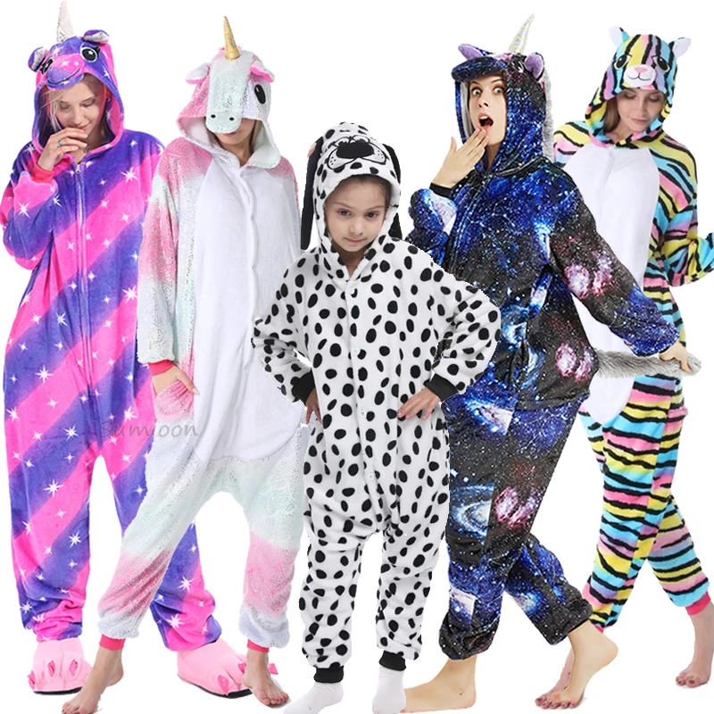 

Unicorn Pajamas Onesies for Women Flannel Sleepwear Adults Animal Kigurumi Licorne Panda Cat Dog Pyjamas Kids Costumes Jumpsuit