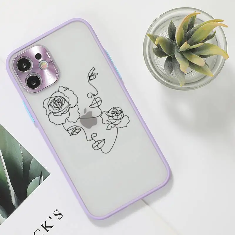 

Art line Retro Abstract Geometry leaves Phone Case For iPhone 12 11 Mini Pro XR XS Max 7 8 Plus X Matte transparent