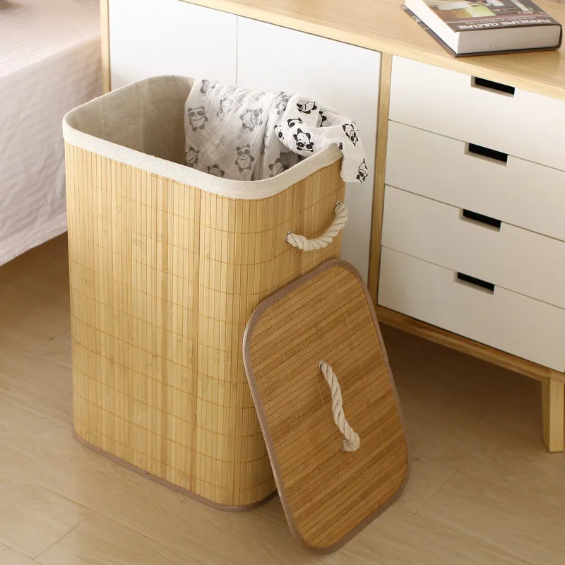 

Storage Folding Laundry Basket Organizer Hand-Woven Large Capacity Bamboo Baskets Cover Household Clothes Toys Storage Bucket