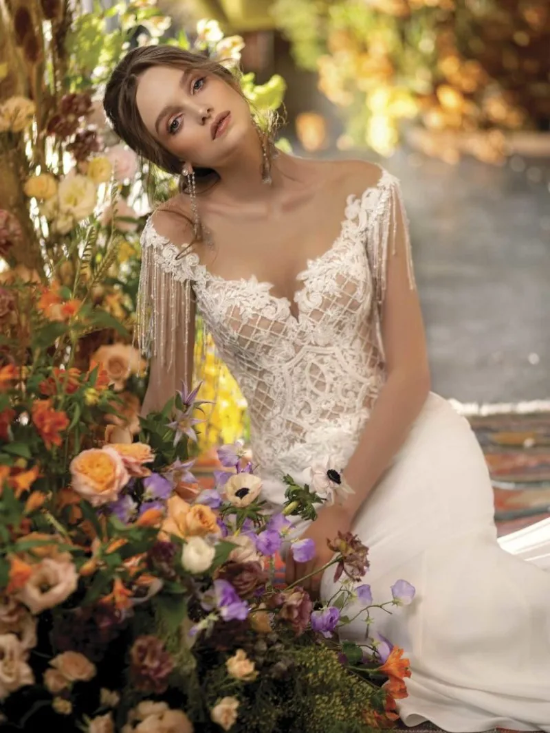 2020 свадебное платье es с глубоким вырезом и кружевной аппликацией свадебные