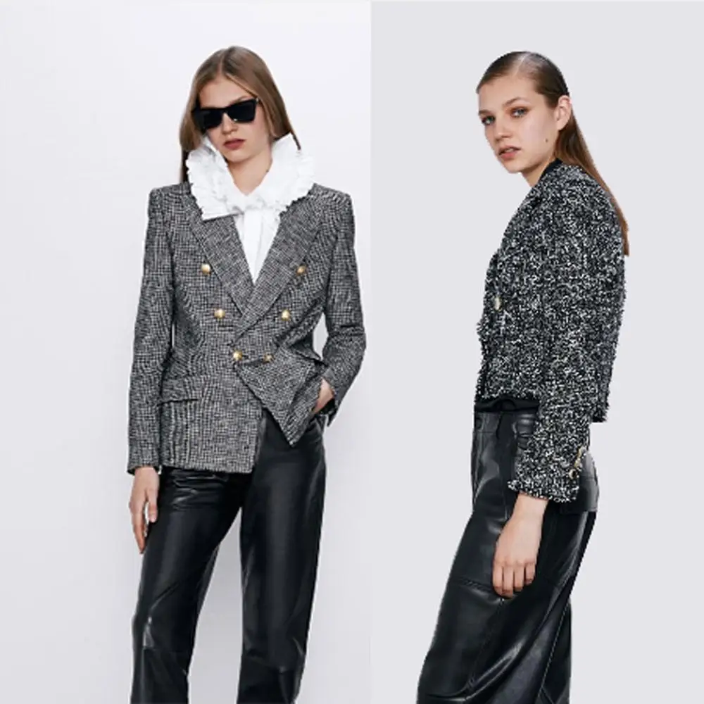 Женский двубортный костюм ZA пиджак с длинными рукавами и лацканами в богемном