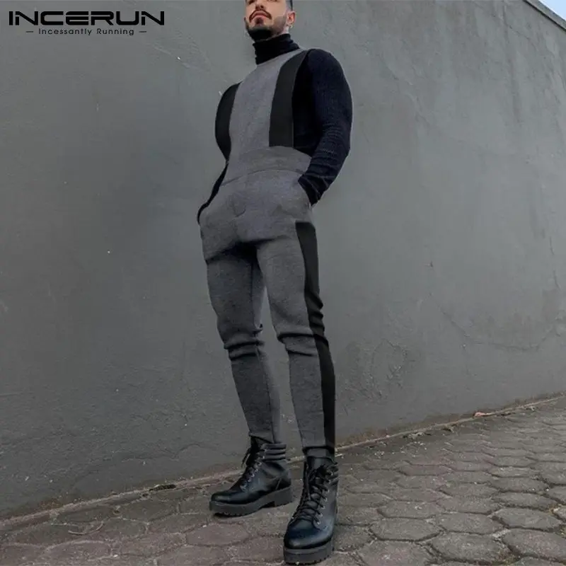 

INCERUN Fashion Men Jumpsuits Patchwork Sleeveless Zipper Fitness Casual Rompers 2021 Streetwear Cozy Pockets Men Overalls S-5XL