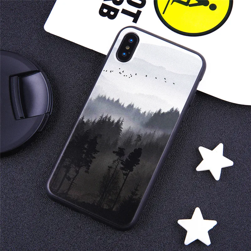 Black matte soft case for iPhone 7 8 6 6s 11 Pro Mountain Forest Clouds plastic Matte BacK Cover Coque For XR X XS MAX |