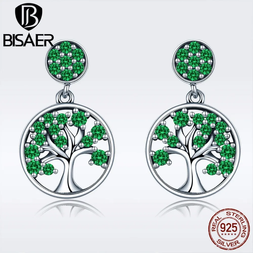 BISAER, распродажа, Bijoux, 925 пробы, серебро, дерево жизни, листья, CZ, серьги-гвоздики для женщин, Стерлинговое Серебро, ювелирное изделие, S925 GXE322