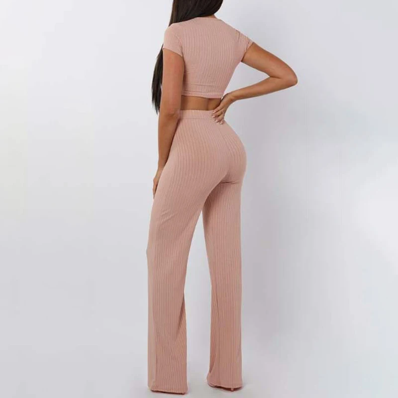 

Knitted Suit Women's Tracksuit Short Sleeve Crop Top Wide Leg Long Pants 2 piece Sets Womens Outfits 2021 Summer Streetwear Set