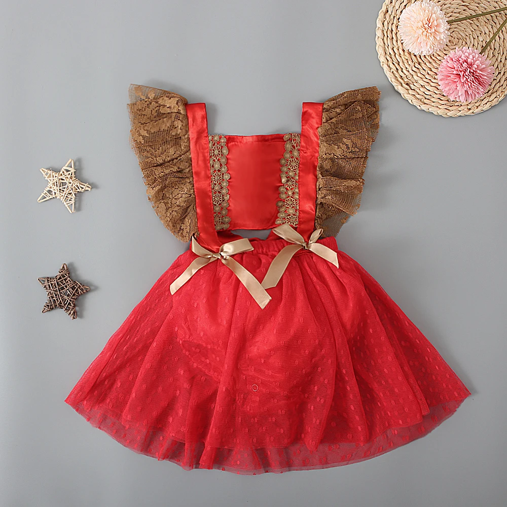 

Infant Color Block Playsuit Baby Girls Fly Sleeve Square Collar Bow Lace Romper