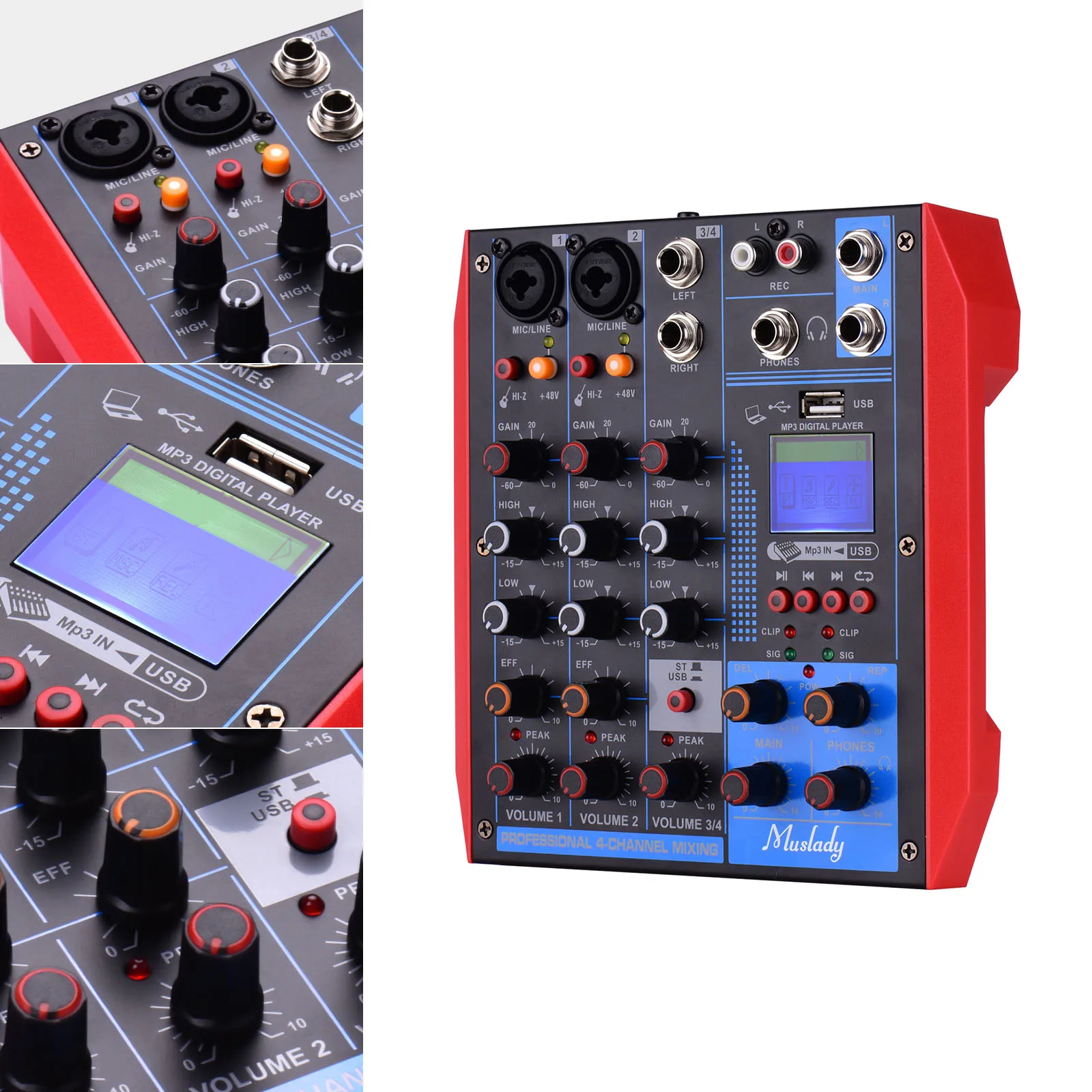 Muslady AG-4 Portable 4-Channel Mixing Console Digital Audio Mixer +48V Phantom Power Supports BT/USB/MP3 Connection |