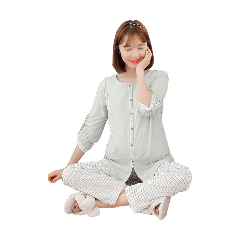 

Two wearing a breast-feeding clothing coat cotton prenatal and post-natal lactation thin striped pregnant woman cardigan set