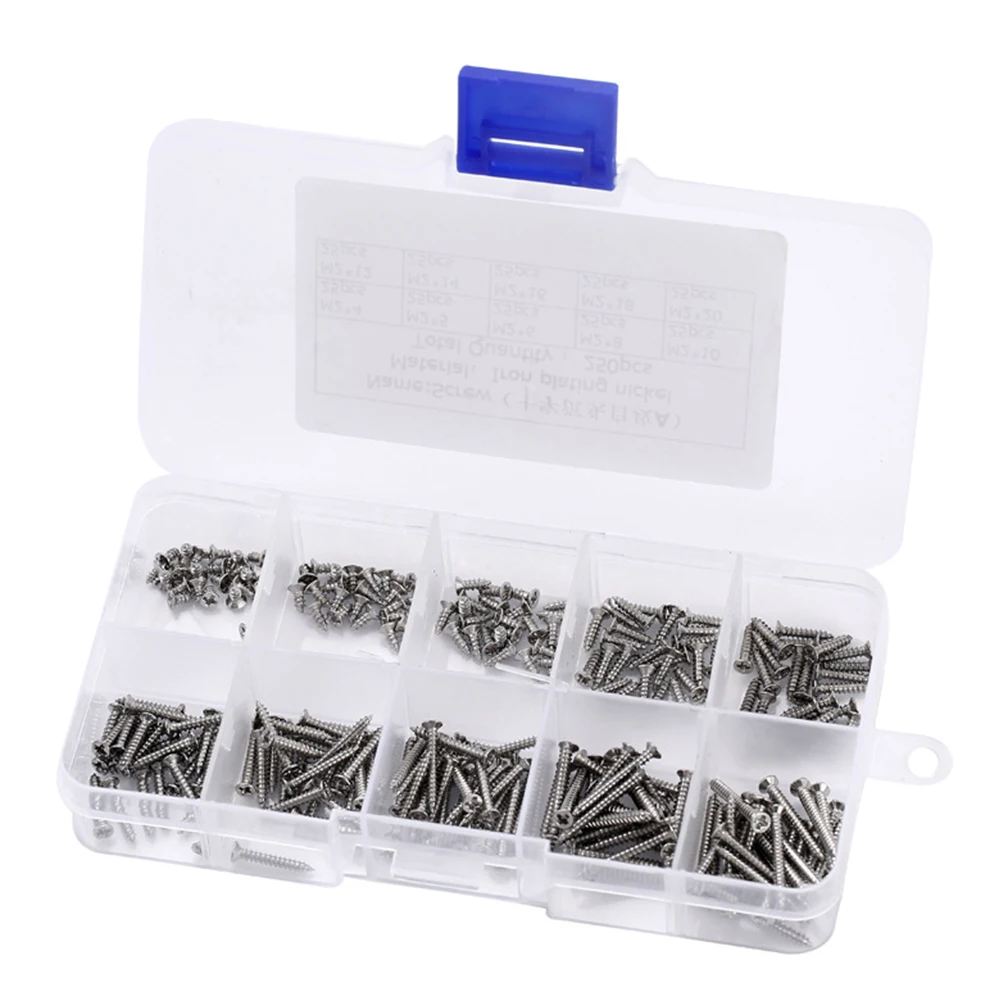 

250pcs M2 Stainless Steel Phillips Flat Head Self Tapping Wood Screws Philips Screws Assortment Set