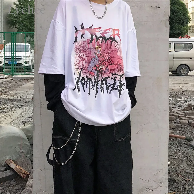 Lychee Harajuku/женская футболка с принтом персонажей из мультфильма, топ, футболка, поддельные Женские футболки из 2 частей, топы, футболки, лоскутные женские футболки с круглым вырезом