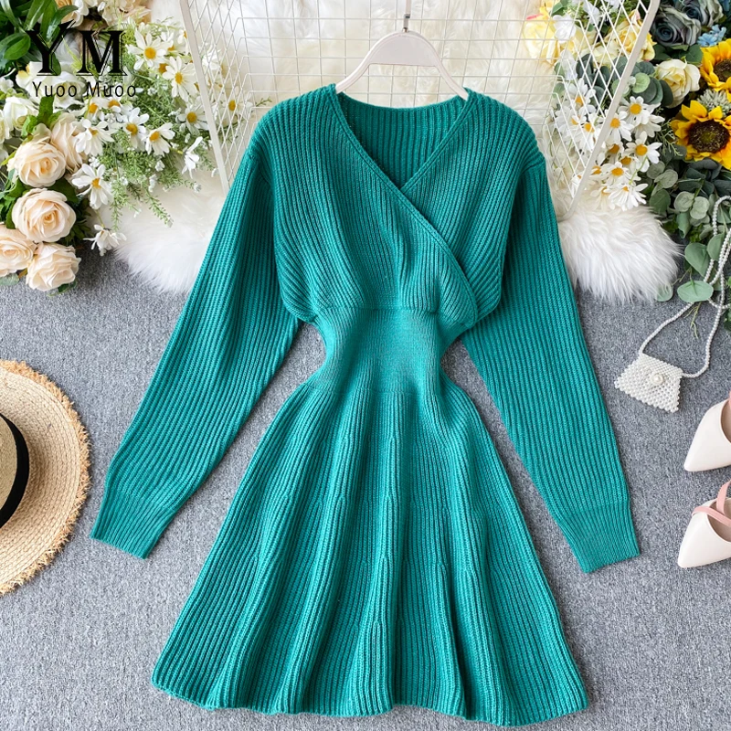 YuooMuoo шикарное осенне зимнее зеленое платье свитер для женщин с v образным вырезом