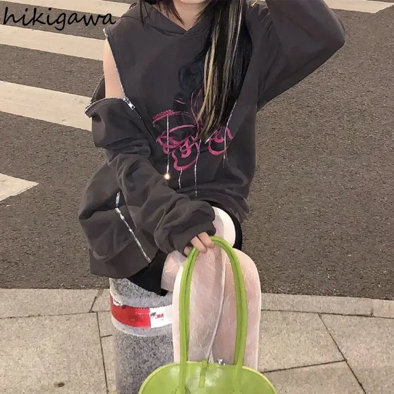 

Hikigawa Fashion Personalized Streetwear Hoody Women Thin Charcoal Gray Unlimited Zipper Tassel Rhinestone Hoodie Pullover Tops