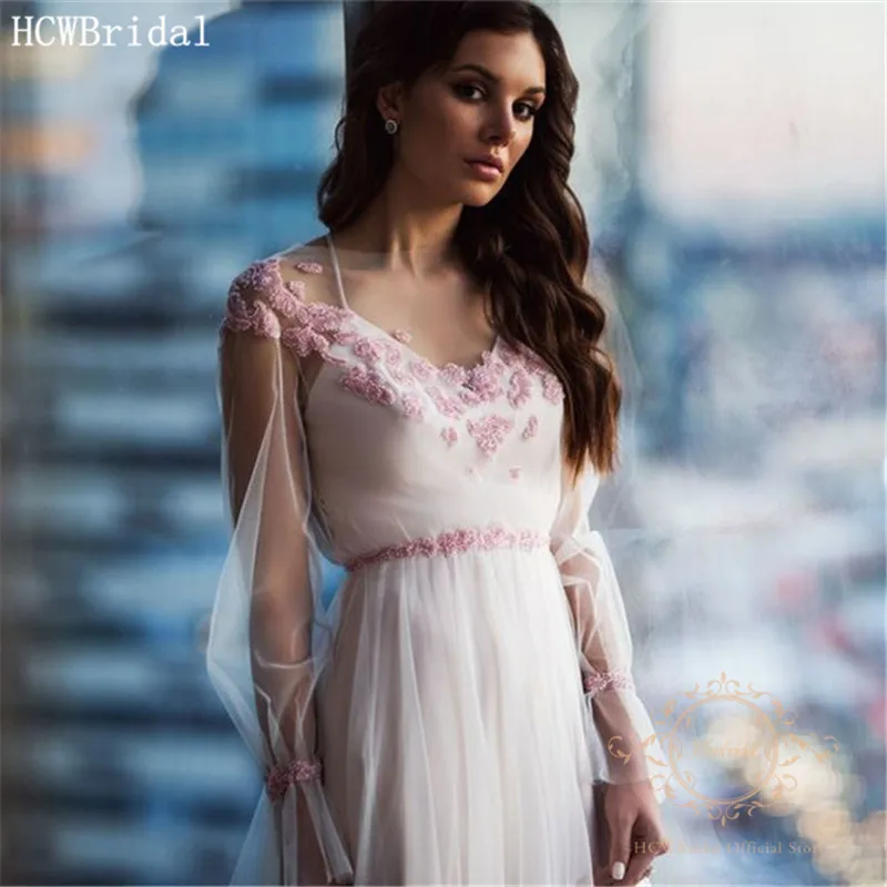 

Light Pink Long Sleeves Evening Formal Dress A Line Chic Crystals Tulle Wedding Party Dresses Bridal Robe De Soiree Abendkleider