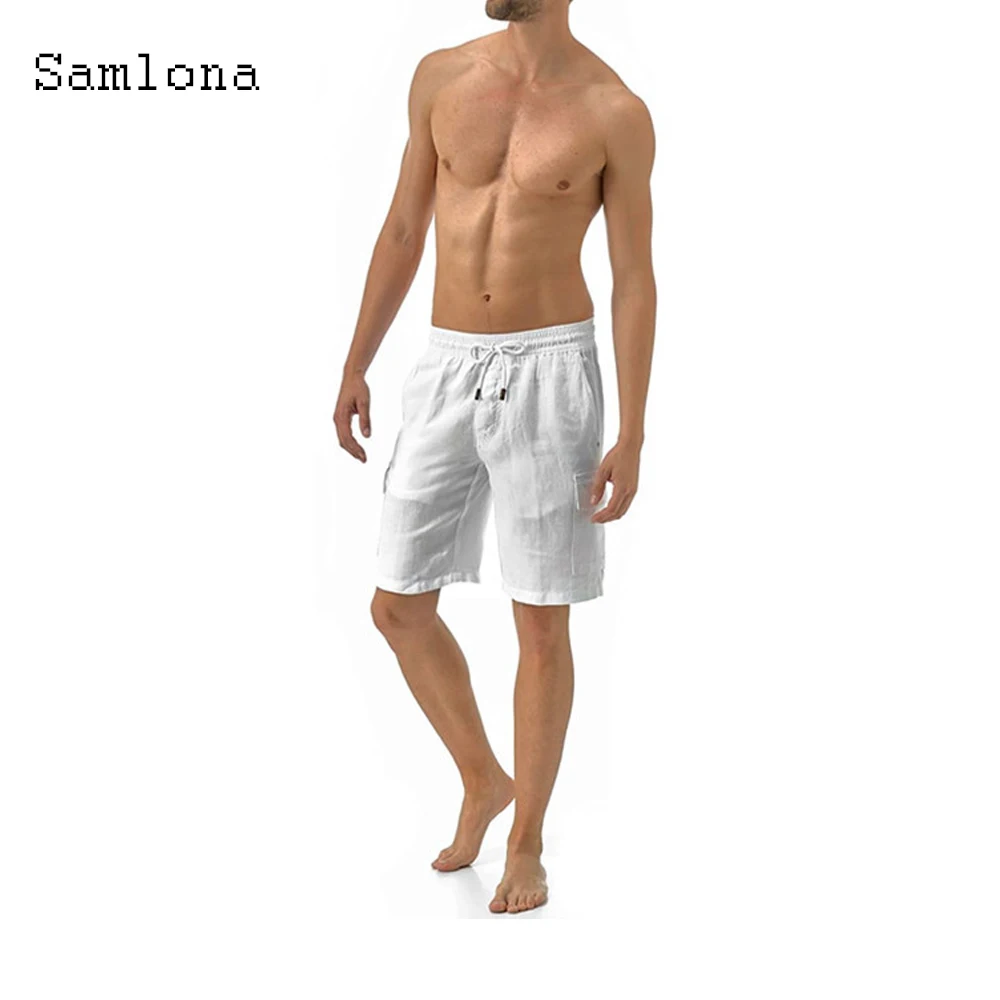 Samlona Men Casual Shorts Summer New Elastic Waist Skinny Beach Shorts White Black Multi-pocket Short Pants Men Clothing 2021