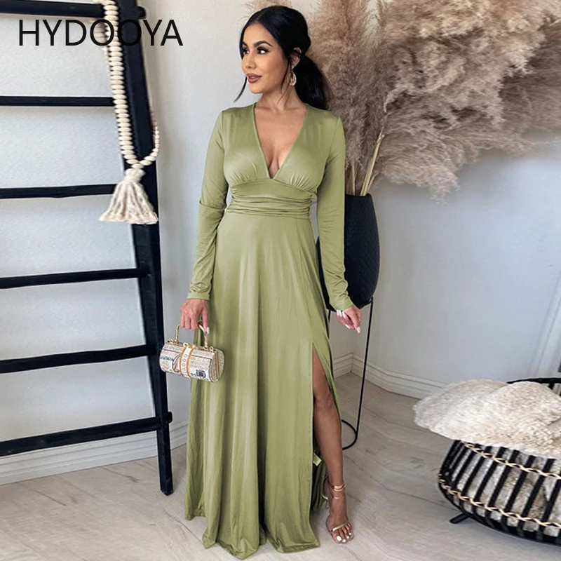 

New Elegance Solid Long Party Maxi Dresses for Women Deep V Neck Long Sleeve Prom Dress Chic Trendy High Split Robe Longue Femme