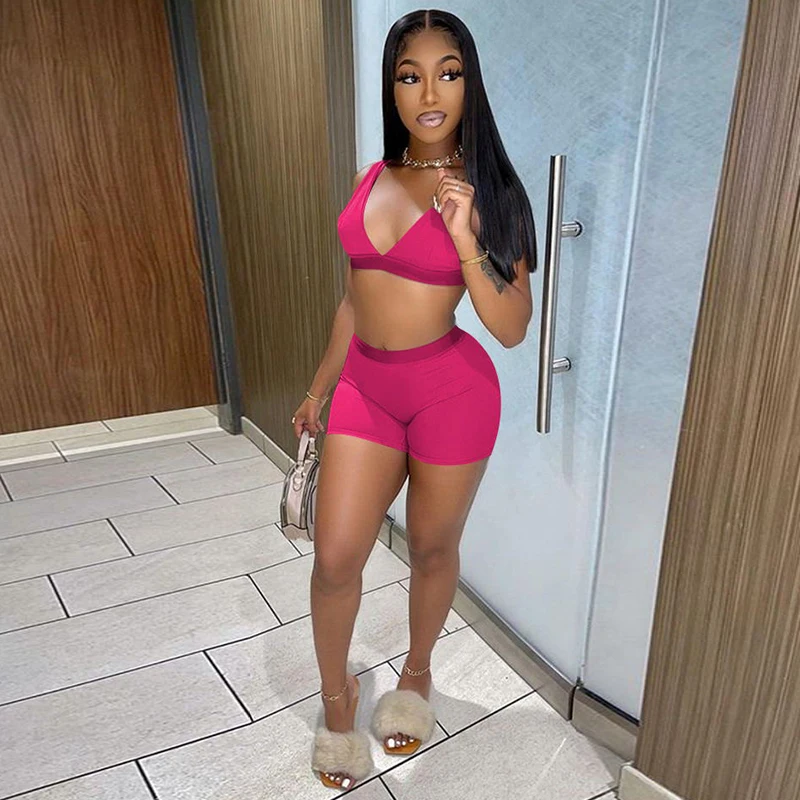 

Sexy Bra Bikini Set Deep V-neck Sleeveless Crop Tops Biker Shorts Two Piece Sets Beach Swimwear Summer Fitness Matching Set 2021