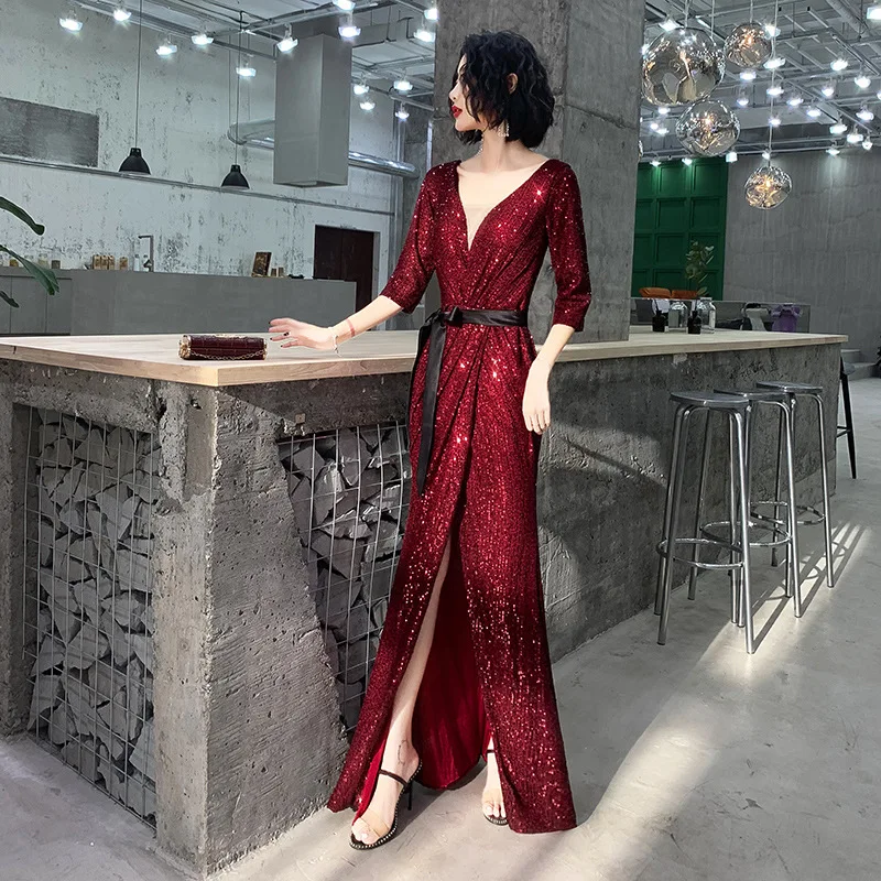 

Waist-Controlled Front Slit Long Dress V-Neck Formal Party Gowns Women Dresses Sexy Straight Sequin Long Dress For Party