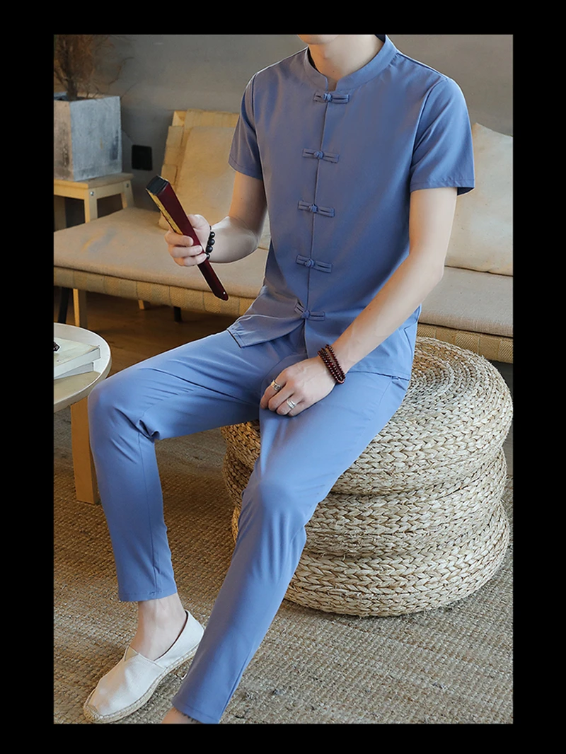 

KOLMAKOV Japan Style Mens Cotton and Linen Short Sleeved T-Shirt+Ankle Pant Sets Men Solid Casual Tracksuit Male M-5XL 217-988