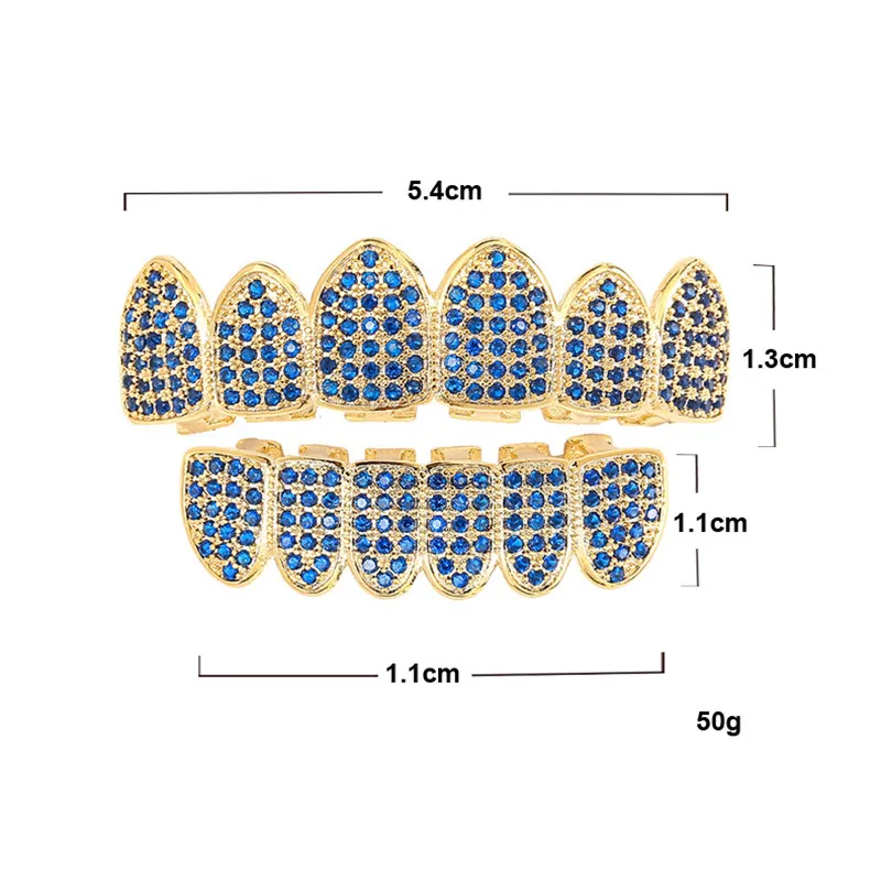 

New Hip Hop Gold Teeth Grillz Caps Micro Pave Blue Cubic Zirconia Top & Bottom Grills Set Vampire Dental Grills