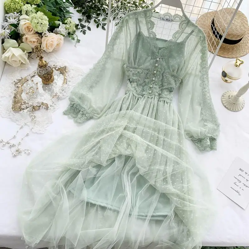 

YIZZHOY Summer New Sweet Tulle Long Dress Female Slim Fairy Dresses High Waist Long Sleeve V-Neck Polka Dot Bohemian Dress