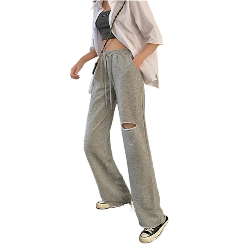 

Spring/Summer 2021 Pantalones De Mujer Verano Women's Hole High Waist Slimming Wide-leg Loose Straight Stretchy Mopping Trousers