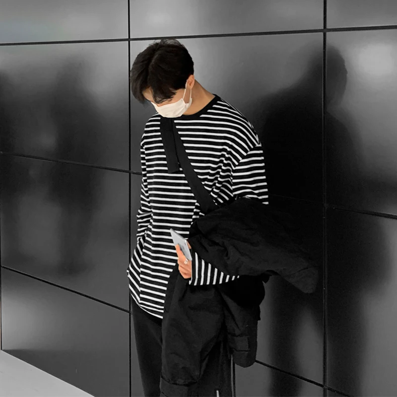 

Черно-белая полосатая футболка с длинным рукавом, Мужская трендовая рубашка в стиле ins из чистого хлопка свободное, новый топ в гонконгском ...