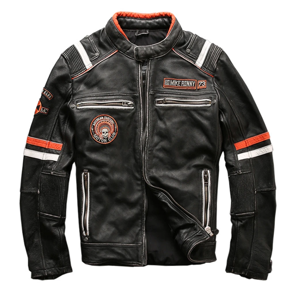 

Embroidery Skulls Genuine Leather Jackets For Men Vintage 100% Real Cowhide Motor Biker Overcoat Male Motorcycle Winter Clothing