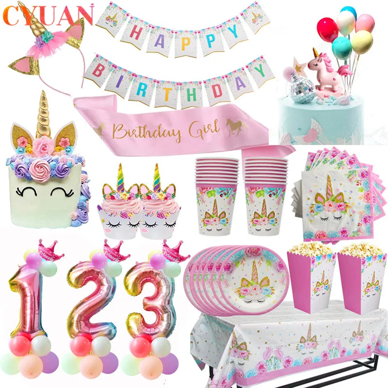 

Einhorn Party Supplies Geschirr Set Einhorn Papier Tassen Serviette Banner Kuchen Topper Hochzeit Baby Dusche Dekorationen