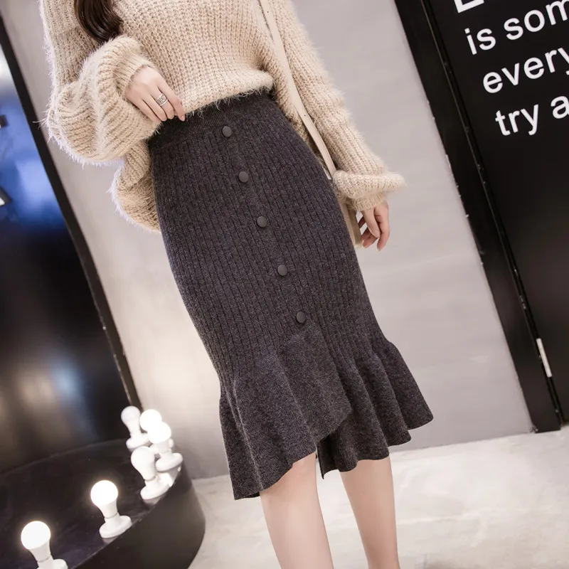 Осенне-зимняя женская трикотажная юбка на бедрах высокая посадка пуговице Falbala