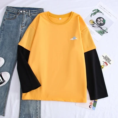 yellow Харадзюку каваи Толстовка для женщин Луна погода вышивка Косплей длинный рукав топы с капюшоном пэчворк Ложные два предмета толстовки - Цвет: yellow