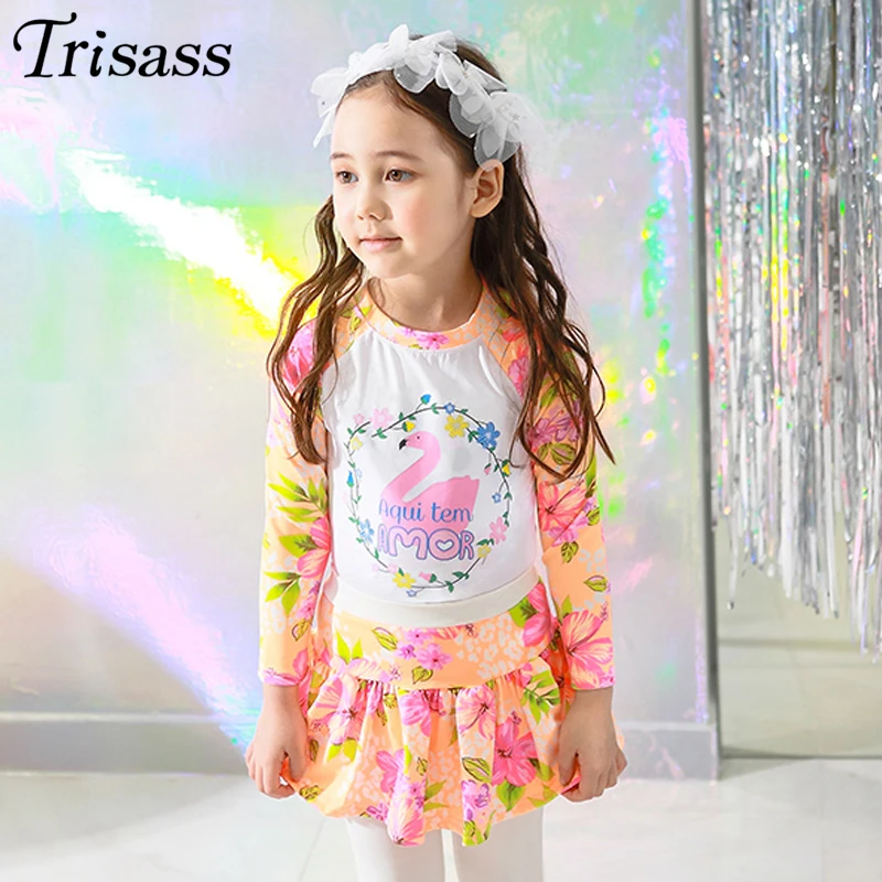 

Trisass 2021 New Arrival Lovely Skirt Bikini set Printed Skirt For Girls Two Piece Swimwear Children's suit Swimsuit With Sleeve