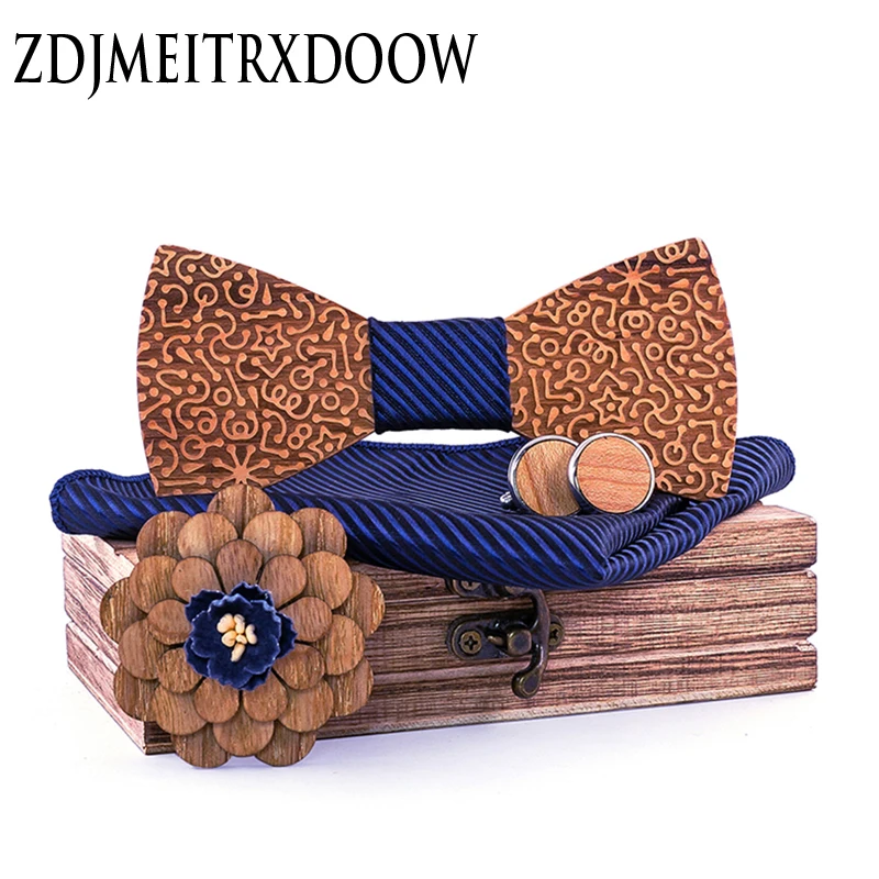 Модный мужской деревянный галстук бабочка темно синяя полоса резная