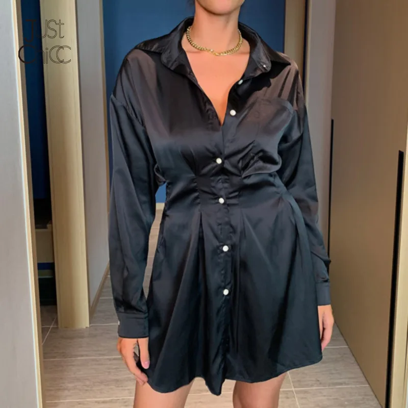

Justchicc Solid Ruched Single Button Autumn Mini Dress Women Full Sleeve Soft Loose Dresses High Waist Date Sexy Party Vestidos