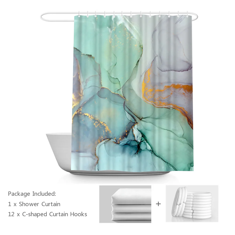 

Marble Shower Curtains Teal Blue Abstract Marble Texture Bathroom Curtain Durable Fabric Bathtub Sets Home Decor with 12 Hooks
