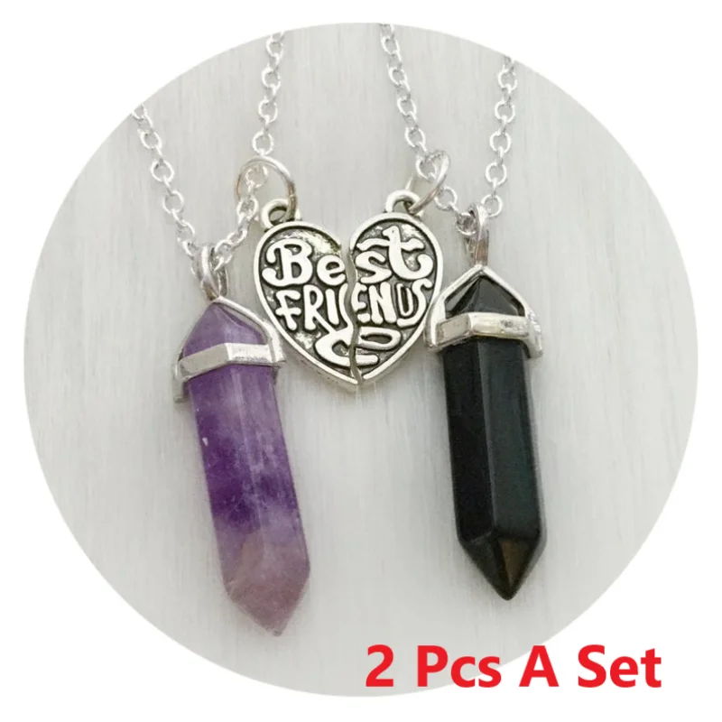 

2 Pcs Set Crystal Natural Stone Best Friends Broken Heart Point Pendant Necklace Party Gift For Friendship New Fashion Jewelry