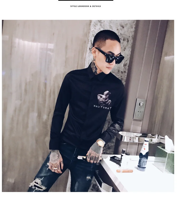 Осенняя мужская рубашка с принтом Camisa Hombre Повседневная приталенная рубашка Мужская Уличная рубашка Camisas Hombre черный смокинг для ночного клуба
