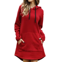 women loose long hoodie solid red sweatshirt hoodies fashion casual autumn pocket drawstring long sleeve sweatshirt dress female