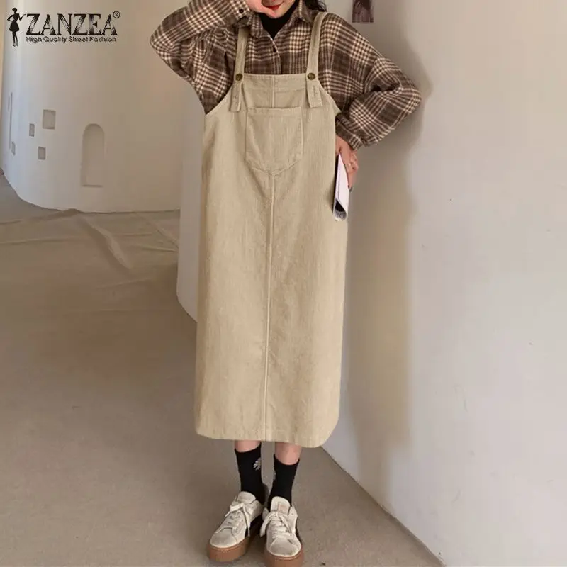 

Женское Повседневное платье без рукавов, элегантное вельветовое платье ZANZEA на пуговицах, осенняя верхняя одежда, ретро кафтан, женское плат...