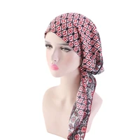 helisopus new muslim women pre tied turban ladies printed beanies caps cancer hair loss wrap headscarf hijabs hair accessories
